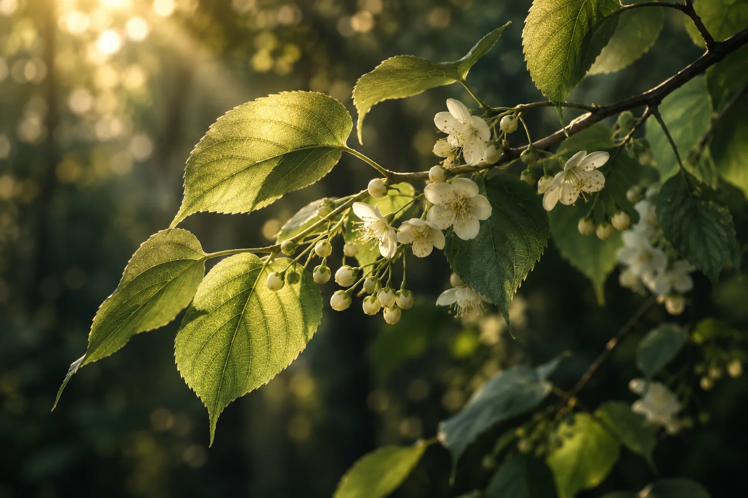 Sunlight illuminating the veins of green leaves and small ivory blossoms.