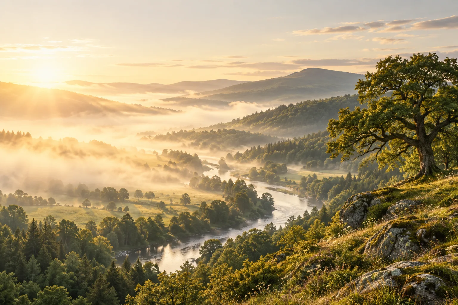 Morning light across a winding river valley, with an oak on the hillside.